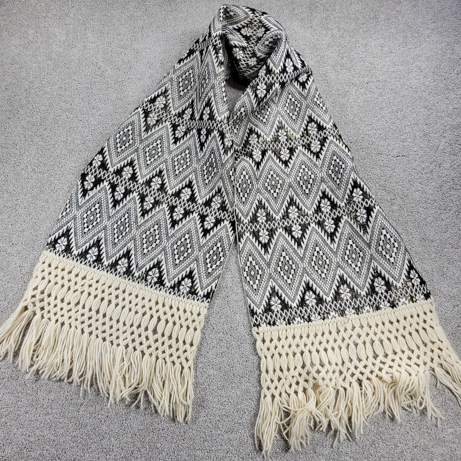 Vintage Mexican Rebozo 85" Black White Handmade Shawl Wrap Scarf Rare 60s 70s